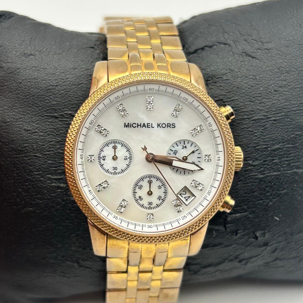 Michael Kors MK5026 Rose-gold Mother Pearl Dial Crystal Accents Watch Working